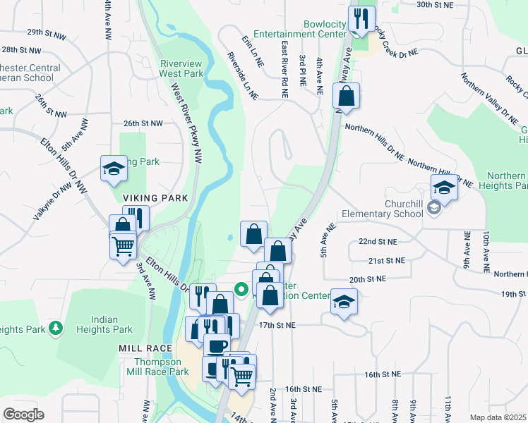 map of restaurants, bars, coffee shops, grocery stores, and more near 2201 East River Road Northeast in Rochester
