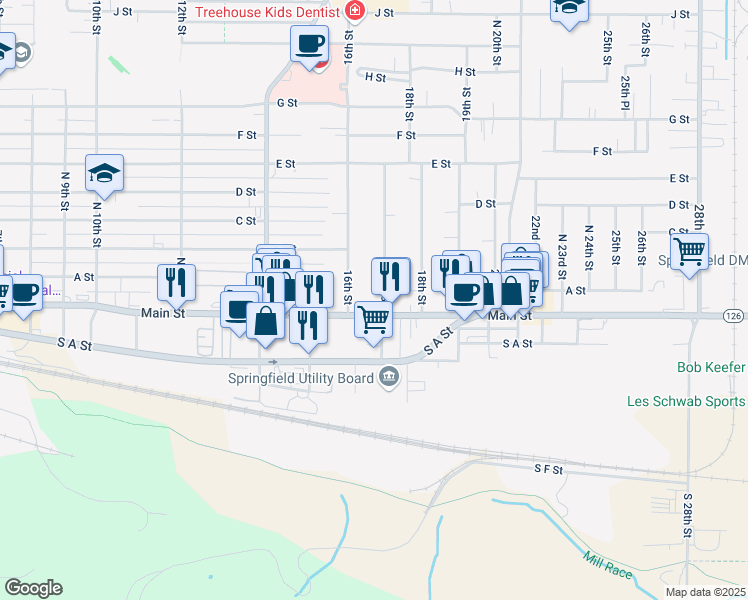 map of restaurants, bars, coffee shops, grocery stores, and more near 1710 Main Street in Springfield