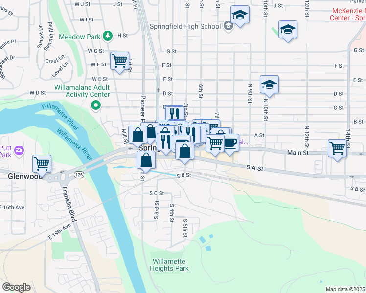 map of restaurants, bars, coffee shops, grocery stores, and more near 500 Main Street in Springfield