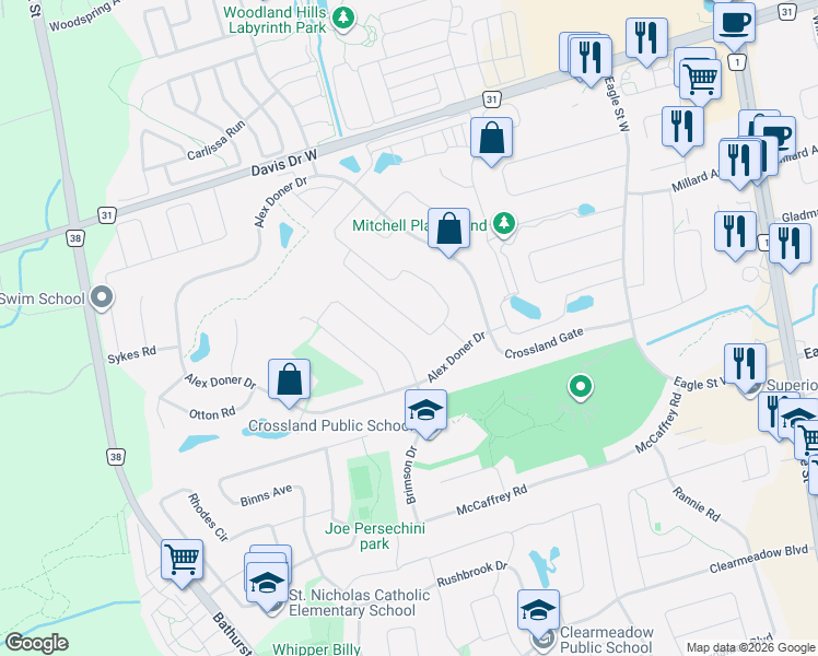 map of restaurants, bars, coffee shops, grocery stores, and more near 75 Bethpage Crescent in Newmarket