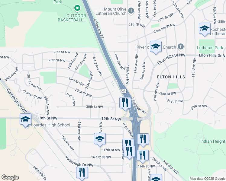 map of restaurants, bars, coffee shops, grocery stores, and more near 2204 18 1/2 Avenue Northwest in Rochester