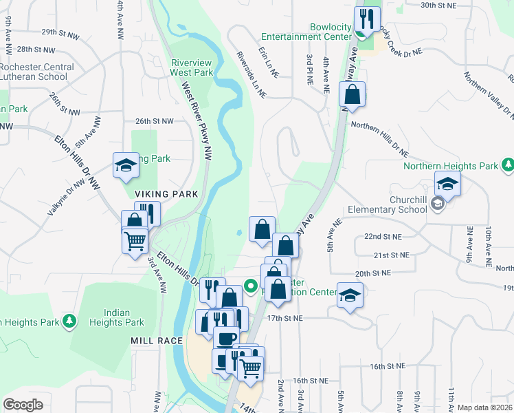 map of restaurants, bars, coffee shops, grocery stores, and more near 208 East River Lane Northeast in Rochester