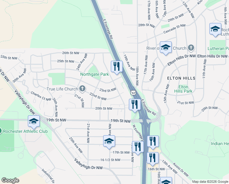 map of restaurants, bars, coffee shops, grocery stores, and more near 1853 22nd Street Northwest in Rochester