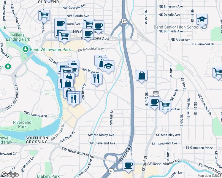 map of restaurants, bars, coffee shops, grocery stores, and more near 36 Southwest Bond Street in Bend