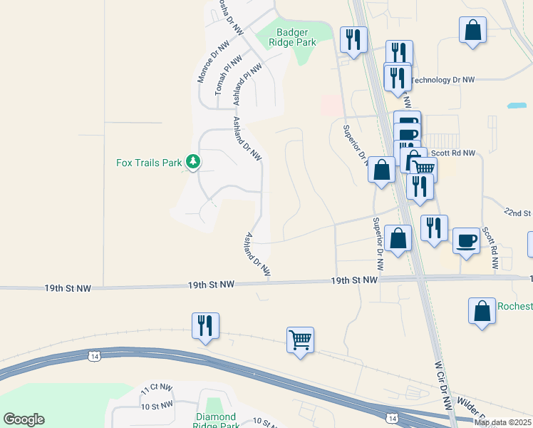 map of restaurants, bars, coffee shops, grocery stores, and more near 2152 Ashland Drive Northwest in Rochester