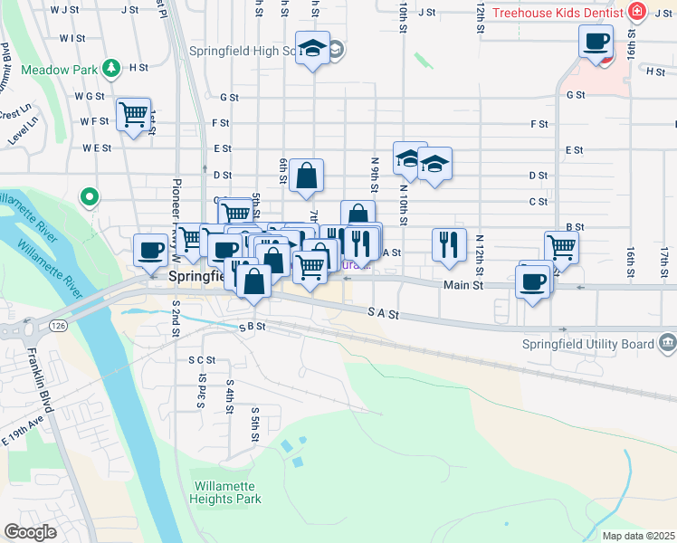 map of restaurants, bars, coffee shops, grocery stores, and more near 808 Main St in Springfield