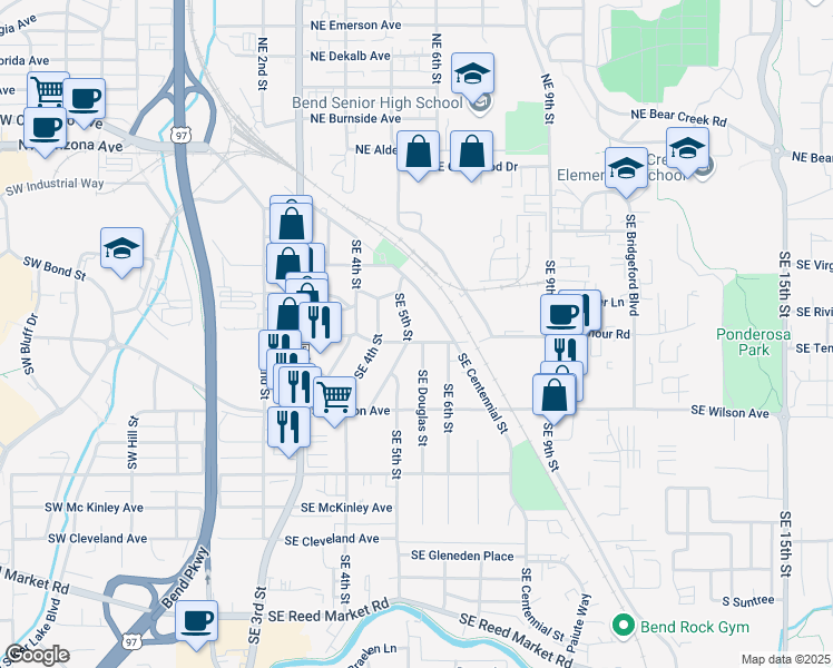 map of restaurants, bars, coffee shops, grocery stores, and more near 557 Southeast Woodland Boulevard in Bend