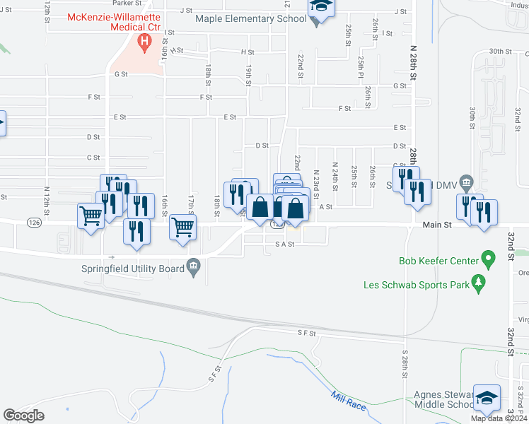 map of restaurants, bars, coffee shops, grocery stores, and more near 1974 Main Street in Springfield