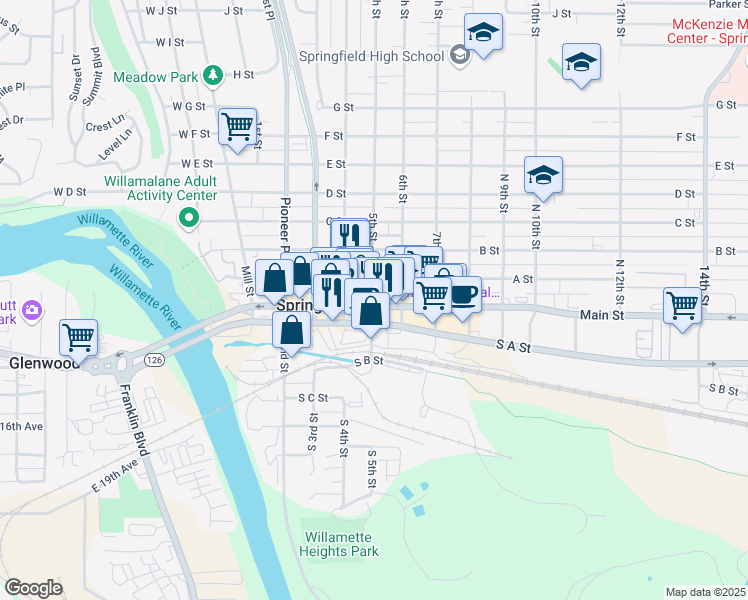 map of restaurants, bars, coffee shops, grocery stores, and more near 155 South 5th Street in Springfield