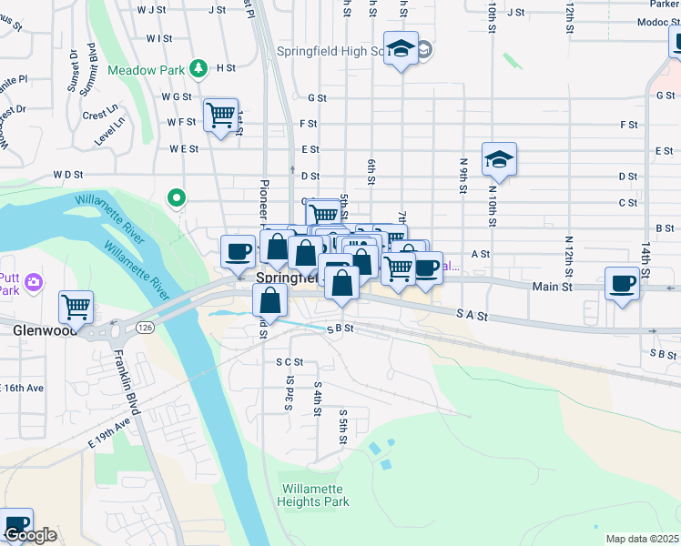 map of restaurants, bars, coffee shops, grocery stores, and more near 500 Main Street in Springfield