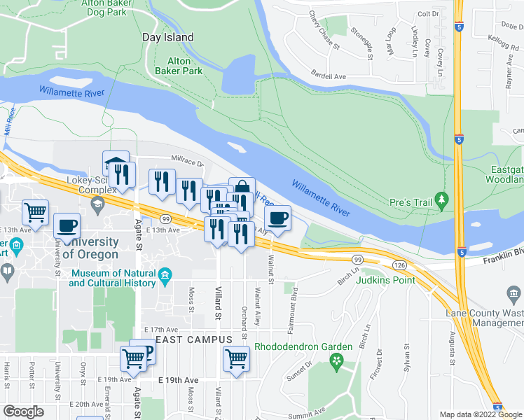 map of restaurants, bars, coffee shops, grocery stores, and more near 2125 Franklin Boulevard in Eugene