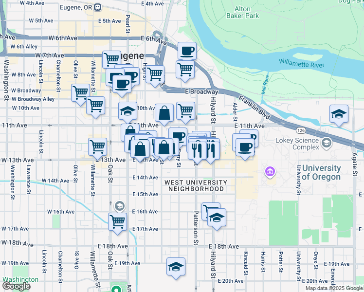 map of restaurants, bars, coffee shops, grocery stores, and more near 1250 Ferry Street in Eugene