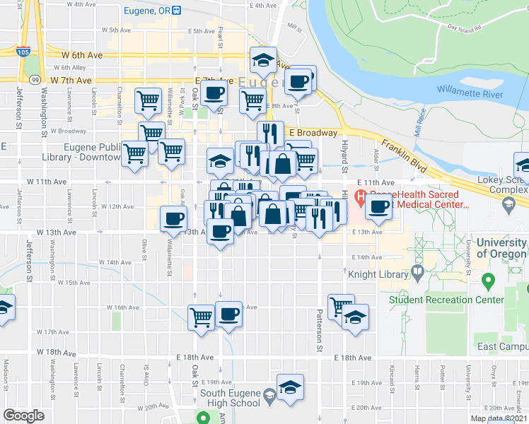 map of restaurants, bars, coffee shops, grocery stores, and more near 1312 Mill Street in Eugene