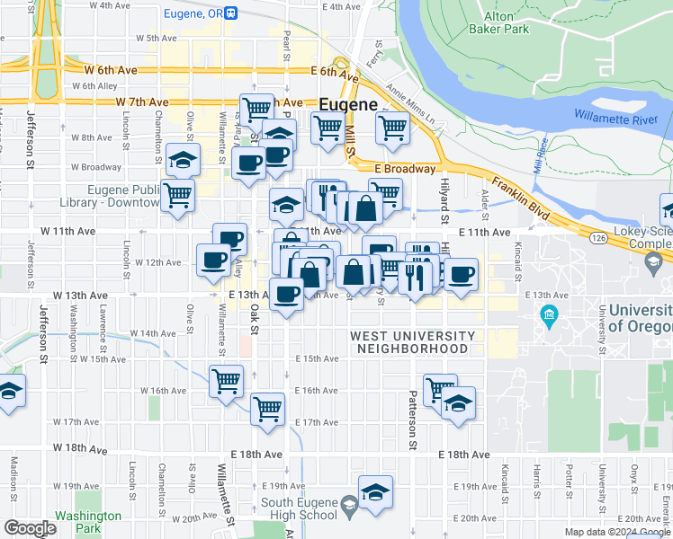 map of restaurants, bars, coffee shops, grocery stores, and more near in Eugene