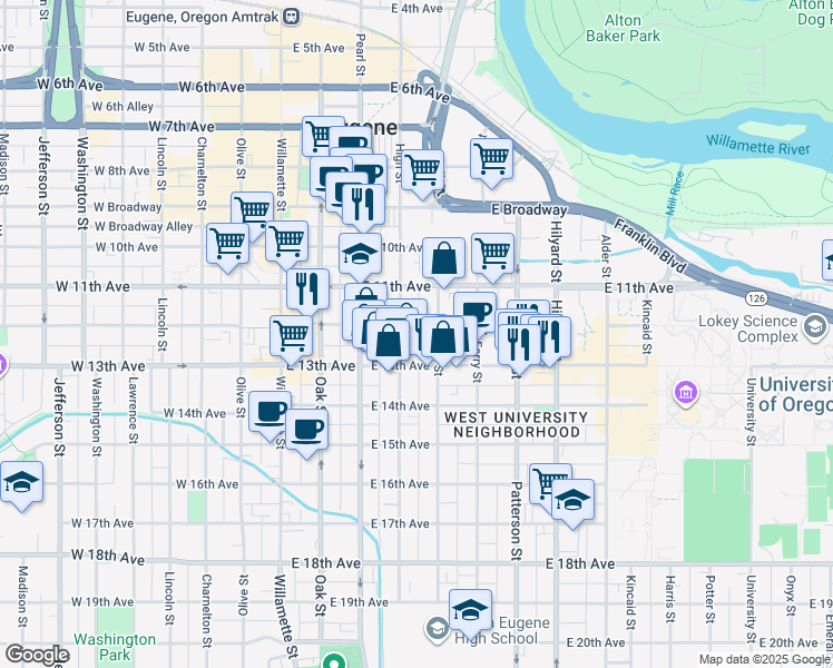map of restaurants, bars, coffee shops, grocery stores, and more near 1262 Mill Street in Eugene