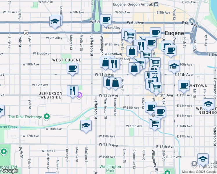 map of restaurants, bars, coffee shops, grocery stores, and more near 1262 Lawrence Street in Eugene