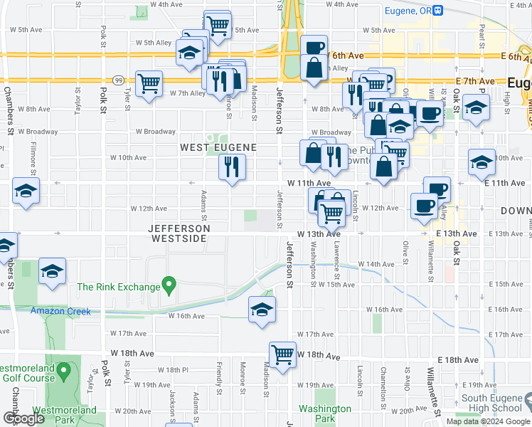 map of restaurants, bars, coffee shops, grocery stores, and more near 1259 Jefferson Street in Eugene
