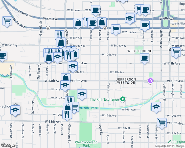map of restaurants, bars, coffee shops, grocery stores, and more near 1255 Taylor Street in Eugene