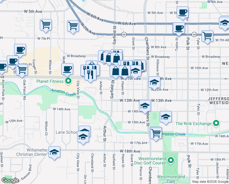 map of restaurants, bars, coffee shops, grocery stores, and more near 1295 Garfield Street in Eugene