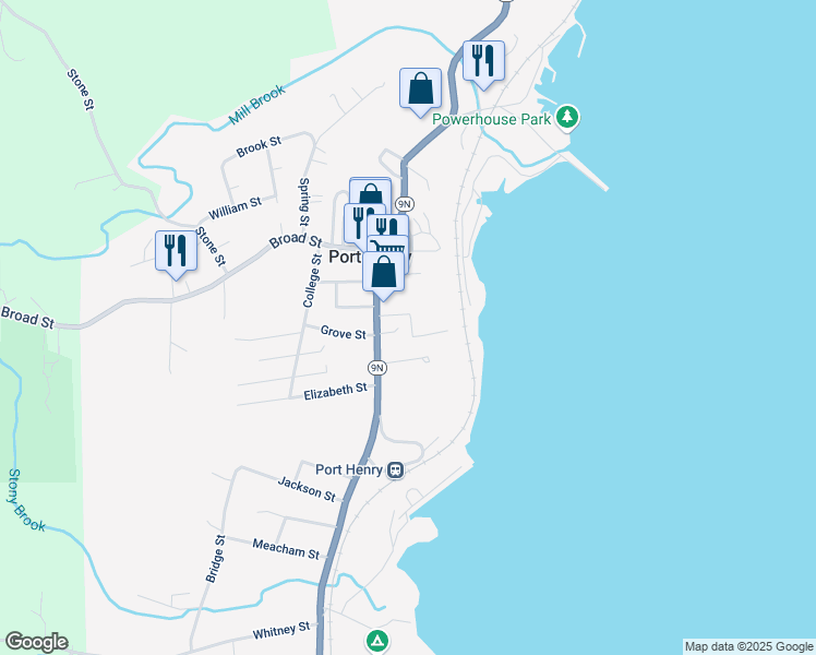 map of restaurants, bars, coffee shops, grocery stores, and more near 26 Rice Lane in Port Henry
