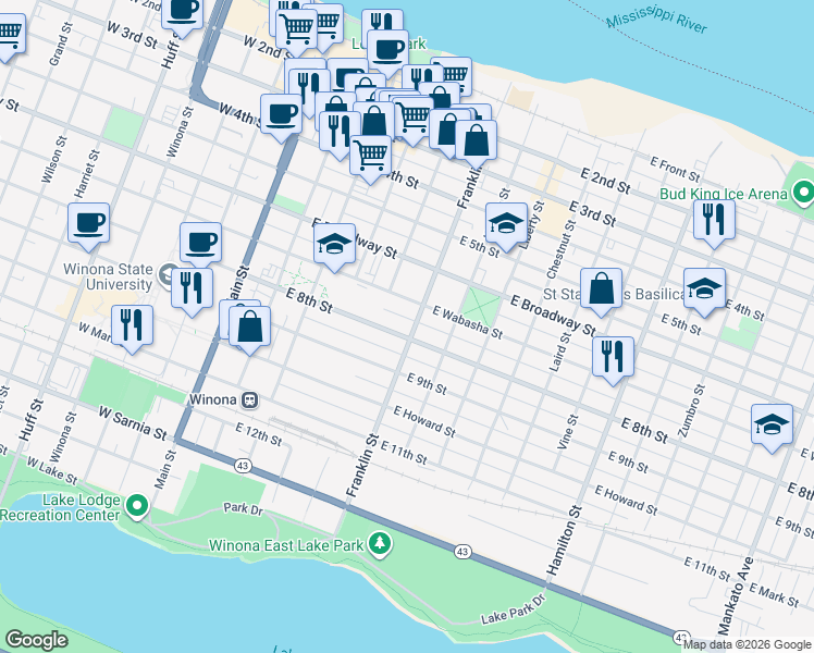 map of restaurants, bars, coffee shops, grocery stores, and more near in Winona