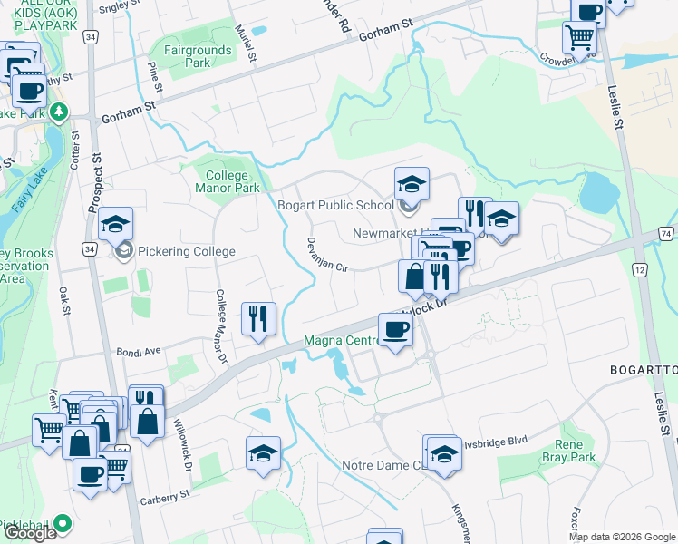 map of restaurants, bars, coffee shops, grocery stores, and more near 479 Blackstock Road in Newmarket