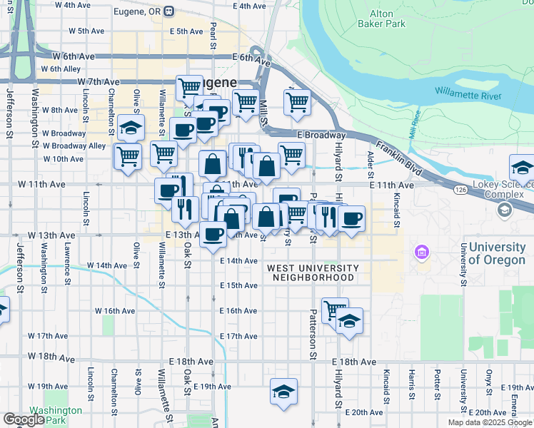 map of restaurants, bars, coffee shops, grocery stores, and more near 1211 Mill Street in Eugene