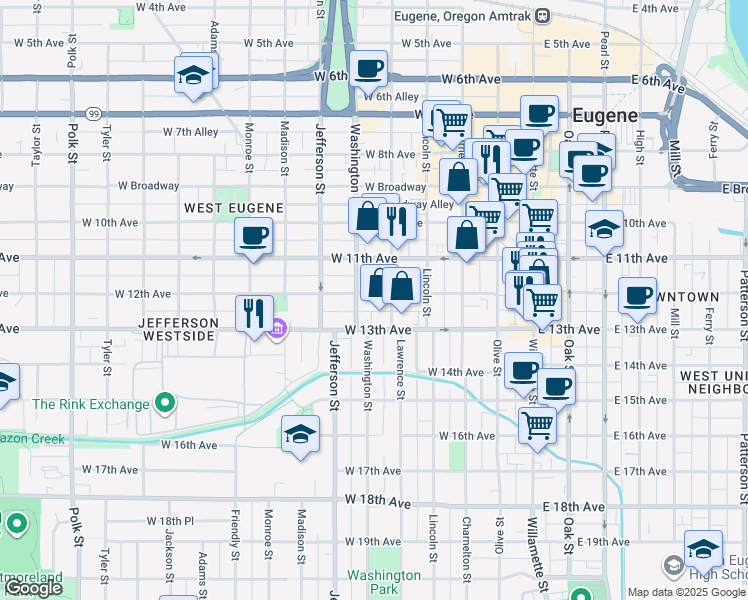 map of restaurants, bars, coffee shops, grocery stores, and more near 448 West 12th Avenue in Eugene