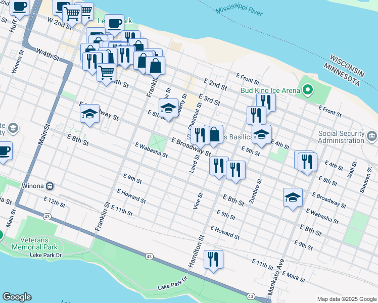 map of restaurants, bars, coffee shops, grocery stores, and more near 402 East Wabasha Street in Winona