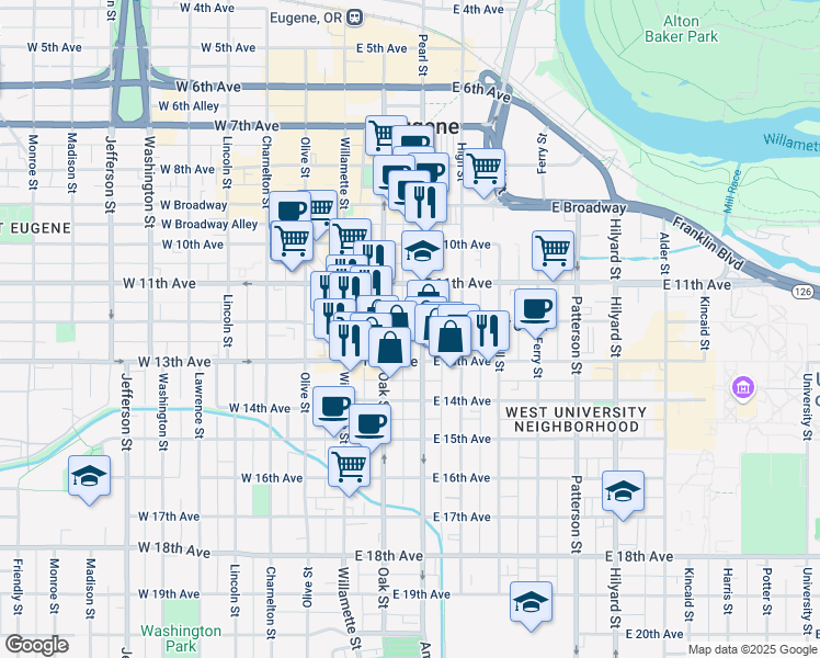 map of restaurants, bars, coffee shops, grocery stores, and more near 170 East 12th Avenue in Eugene