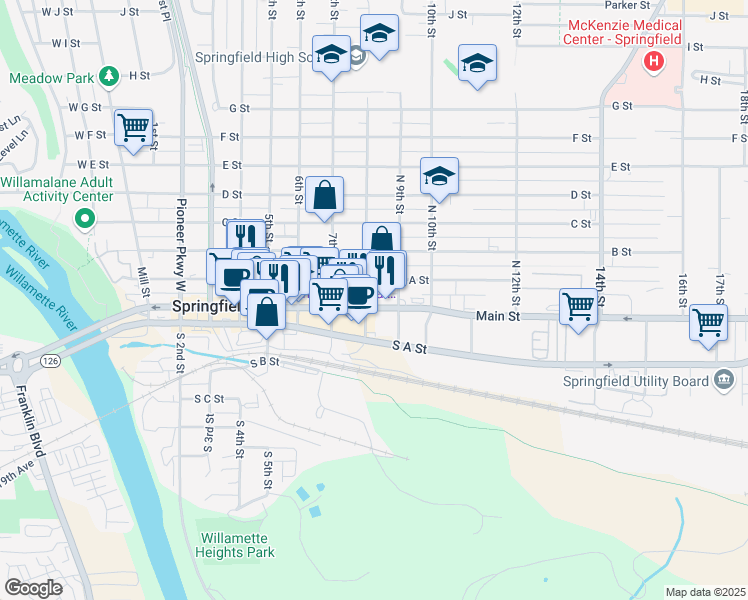 map of restaurants, bars, coffee shops, grocery stores, and more near 808 Main Street in Springfield