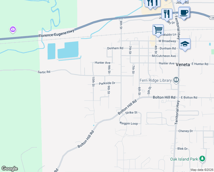 map of restaurants, bars, coffee shops, grocery stores, and more near 24767 Dawn Court in Veneta
