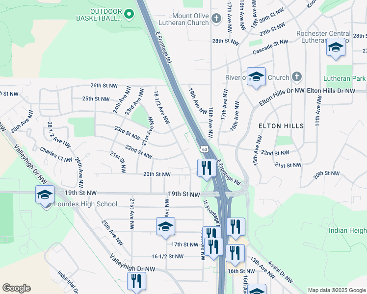 map of restaurants, bars, coffee shops, grocery stores, and more near 2210 18 1/2 Avenue Northwest in Rochester