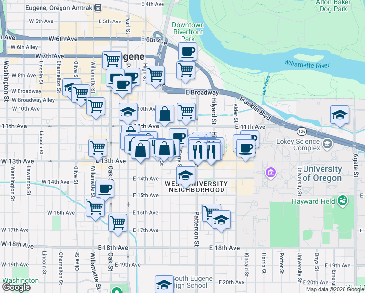 map of restaurants, bars, coffee shops, grocery stores, and more near 1250 Ferry Street in Eugene