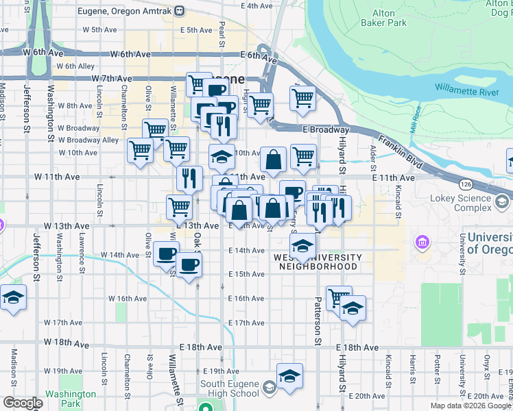 map of restaurants, bars, coffee shops, grocery stores, and more near in Eugene