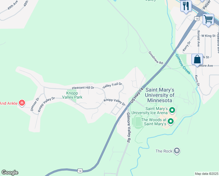 map of restaurants, bars, coffee shops, grocery stores, and more near 150 Pleasant Hill Drive in Winona