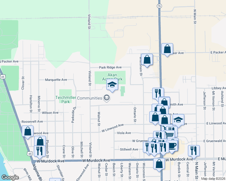map of restaurants, bars, coffee shops, grocery stores, and more near 1100 West Smith Avenue in Oshkosh