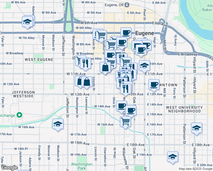 map of restaurants, bars, coffee shops, grocery stores, and more near 1260 Charnelton Street in Eugene