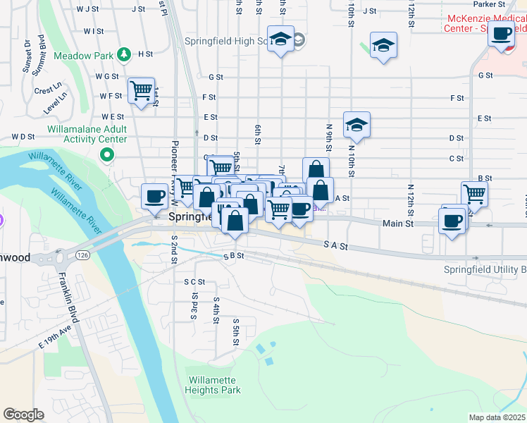 map of restaurants, bars, coffee shops, grocery stores, and more near 615 Main Street in Springfield