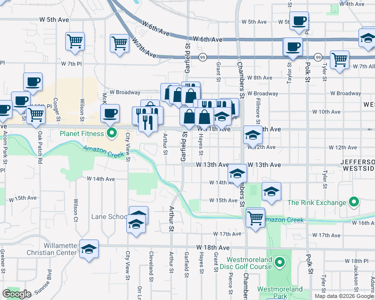 map of restaurants, bars, coffee shops, grocery stores, and more near 1295 Garfield Street in Eugene