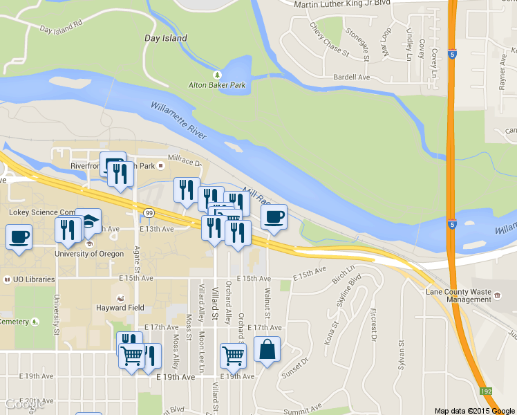 map of restaurants, bars, coffee shops, grocery stores, and more near 2125 Franklin Boulevard in Eugene