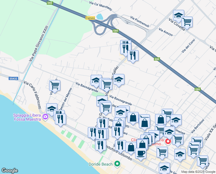 map of restaurants, bars, coffee shops, grocery stores, and more near 120 Viale Galileo Galilei in Marina di Carrara