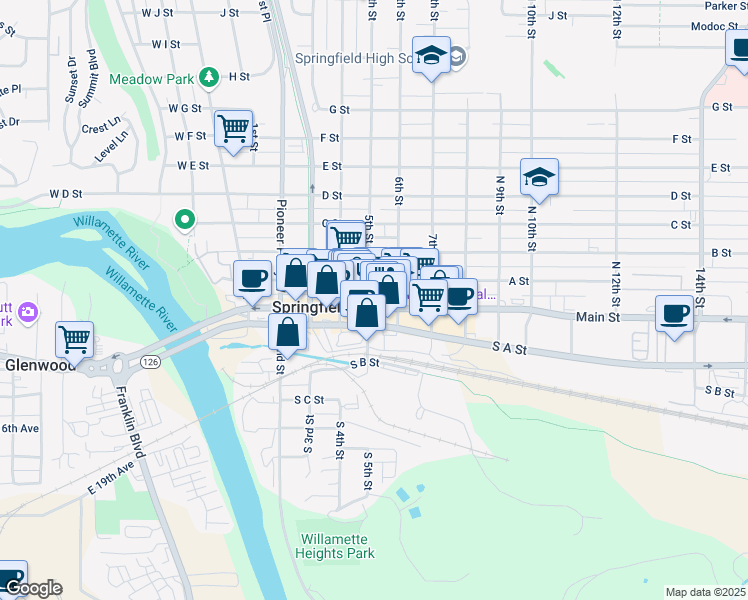 map of restaurants, bars, coffee shops, grocery stores, and more near 500 Main Street in Springfield
