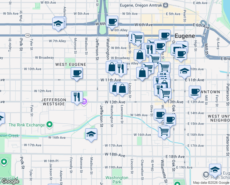 map of restaurants, bars, coffee shops, grocery stores, and more near 1262 Lawrence Street in Eugene