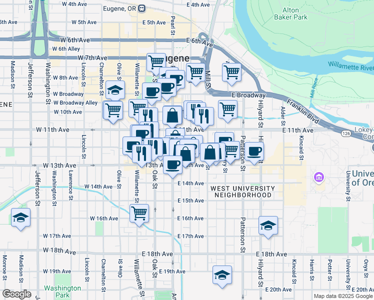 map of restaurants, bars, coffee shops, grocery stores, and more near in Eugene