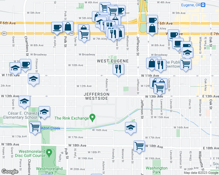 map of restaurants, bars, coffee shops, grocery stores, and more near 870 West 12th Avenue in Eugene