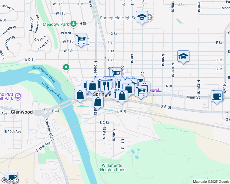 map of restaurants, bars, coffee shops, grocery stores, and more near 349 Main Street in Springfield
