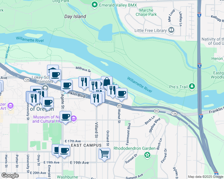 map of restaurants, bars, coffee shops, grocery stores, and more near 1990 Garden Avenue in Eugene