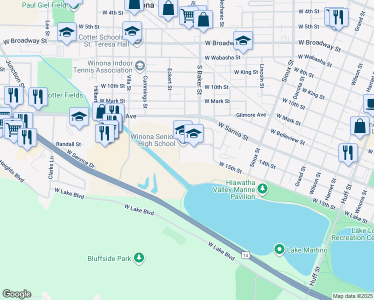 map of restaurants, bars, coffee shops, grocery stores, and more near 901 Gilmore Avenue in Winona