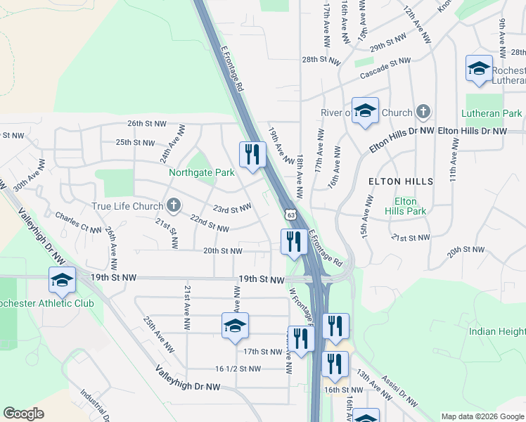map of restaurants, bars, coffee shops, grocery stores, and more near 1853 22nd Street Northwest in Rochester